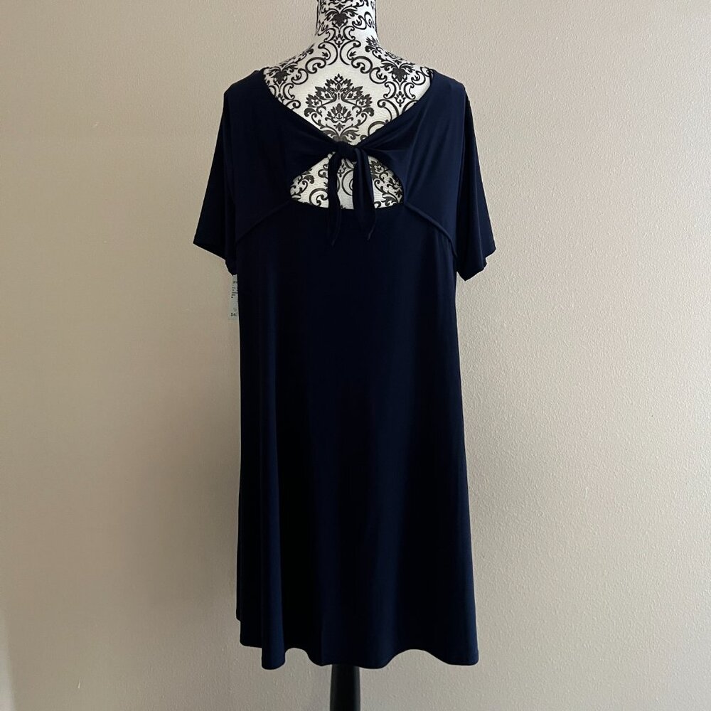 Westport Short Sleeve Swing Dress with Tie Detail in Back - Size 1X - Navy Blue